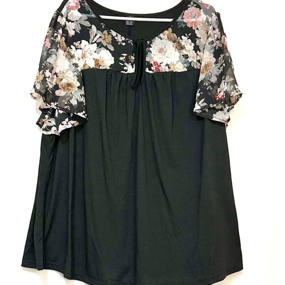 SHEIN CURVE+ Plus Size Women Spring Floral Printed Tie-Up Black Shirt - Picture 1 of 5